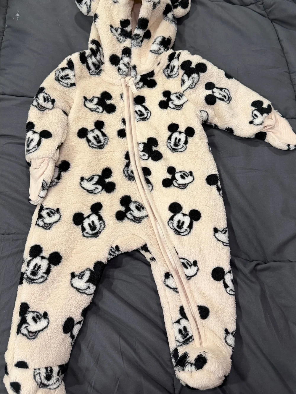 H&M Cream and Black Mickey Mouse Fleece One-Piece Footie 2-4 M